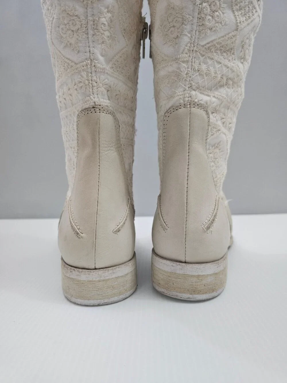 Free People Bren Knee High Boot Womens EU 38 Cream Embroidered Slouchy Boho